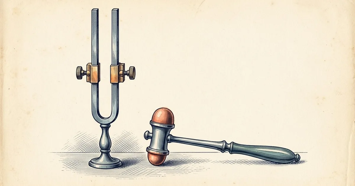 A tuning fork with clamp-on weights on its tines standing upright beside a reflex hammer.