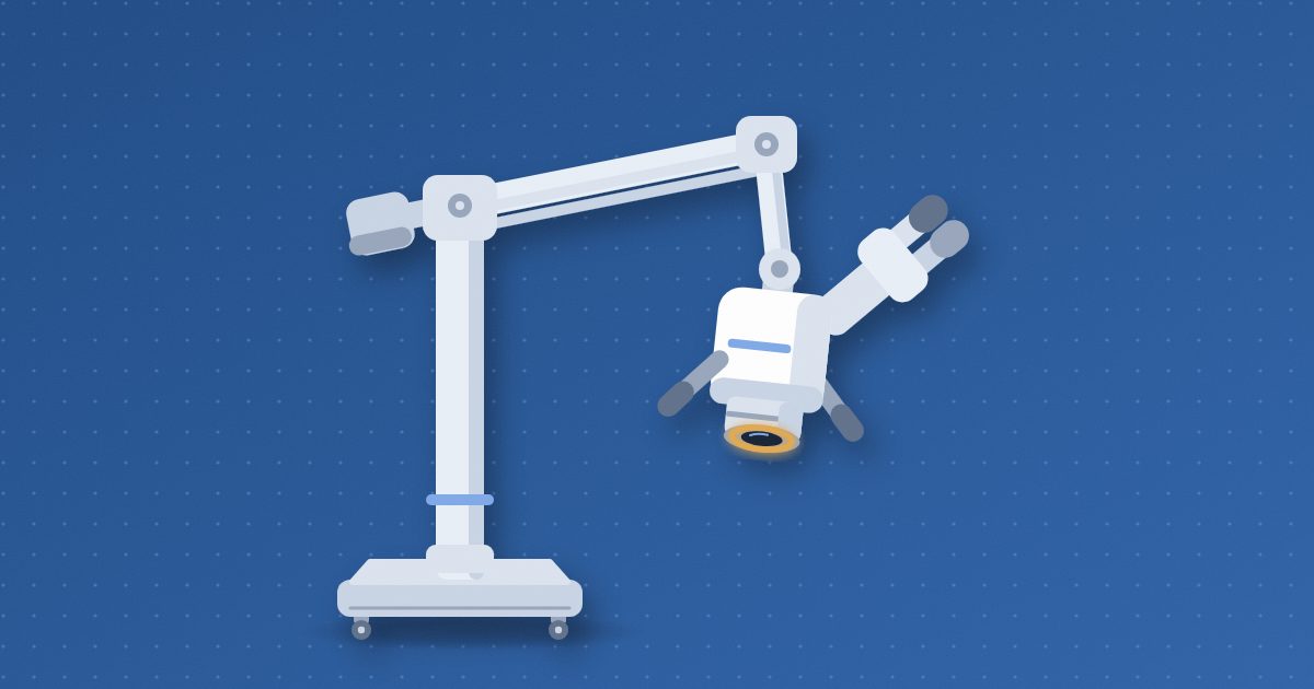 An operating microscope on a wheeled stand with an articulated boom arm, its binocular head angled down and an amber light ring at the lens.