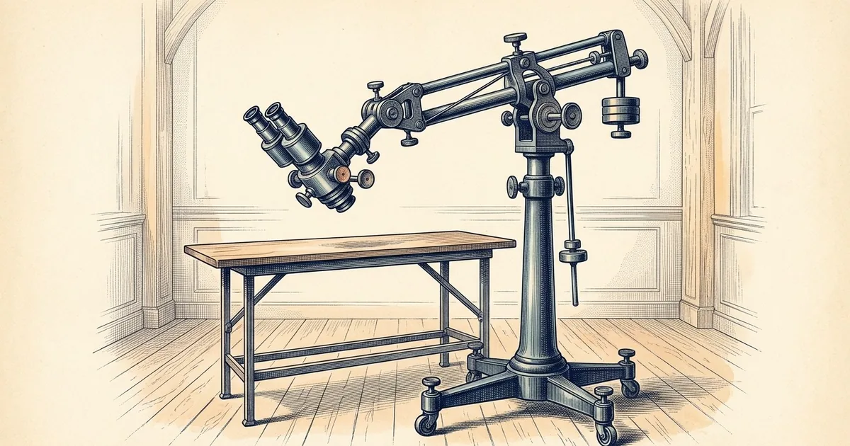 An operating microscope on a wheeled stand with an articulated boom arm, its binocular head angled down over an empty table.