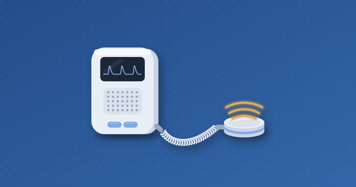 A handheld fetal Doppler with a speaker grille, joined by a coiled cord to a flat round probe with three amber sound arcs rising from it.
