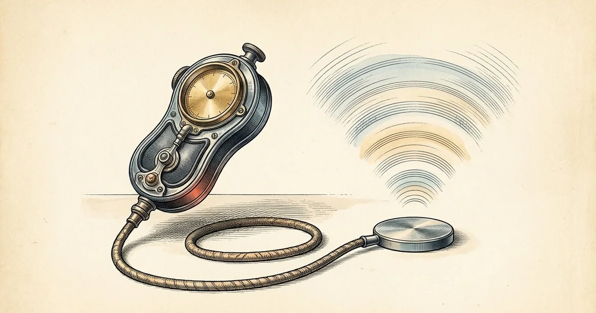 A handheld fetal Doppler joined by a coiled cord to a flat round probe, with soft curved sound arcs rising from the probe.