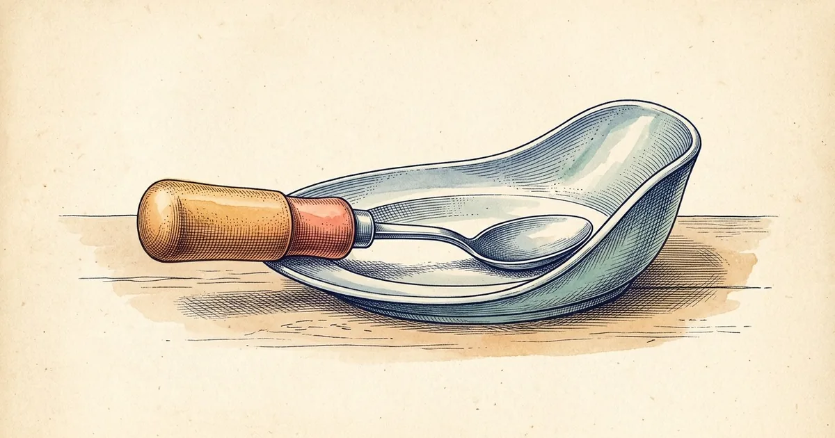 An adaptive spoon with a thick built-up handle resting across a scoop plate with a high curved rim.