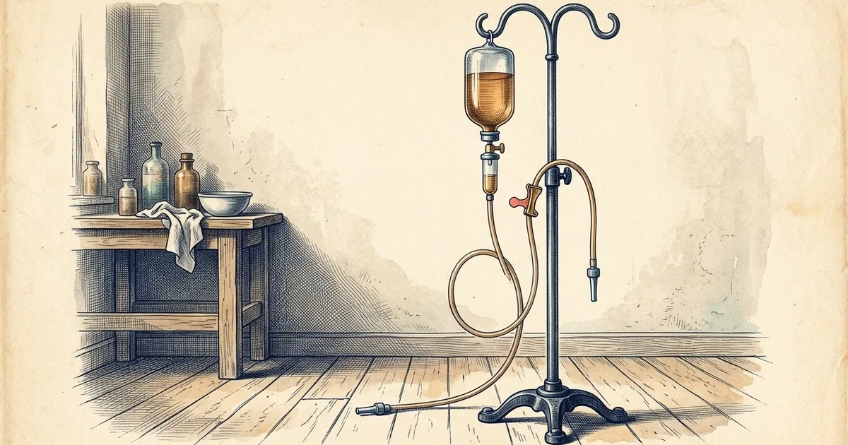 An infusion bag of amber fluid hanging from a single upright IV pole whose top bends into two curved hooks like a shepherd's crook, with a drip chamber, roller clamp and capped tubing below.