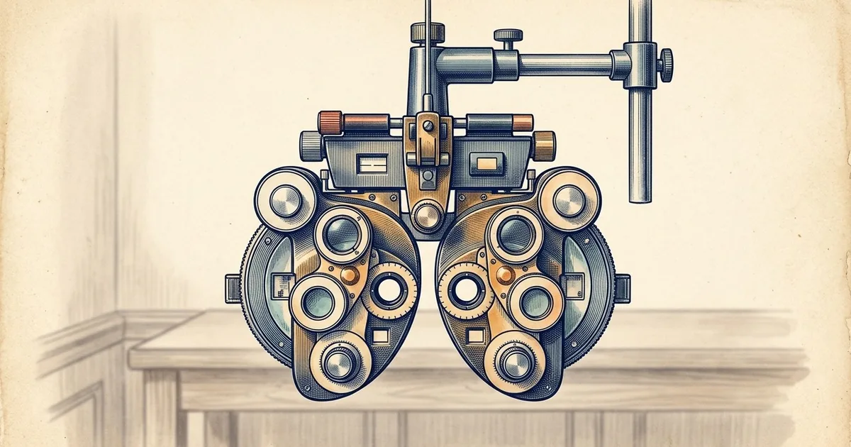 A phoropter hanging from a short arm, its wide housing set with rows of small blank dials around two round lens openings.