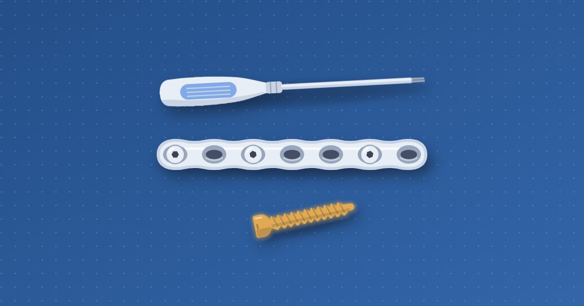 A metal bone plate with a row of screw holes and three seated screws, a loose amber screw lying beside it and a screwdriver above.
