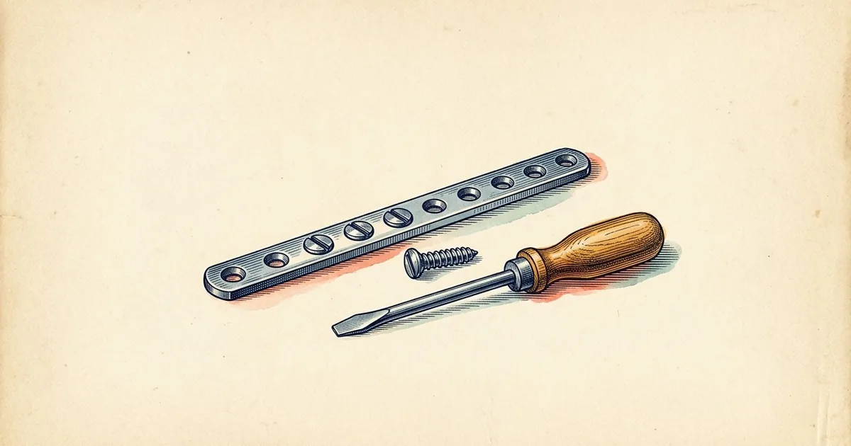A metal bone plate with a row of screw holes and three seated screws, with a loose screw and a screwdriver beside it.
