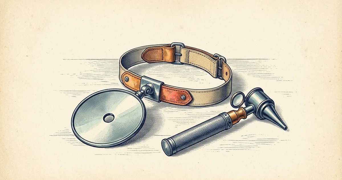 A round head mirror with a small central hole on an adjustable headband, lying beside an otoscope.
