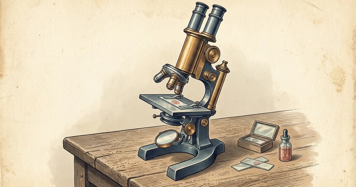 A laboratory microscope with binocular eyepieces, a glass slide on its stage holding a softly stained tissue section.