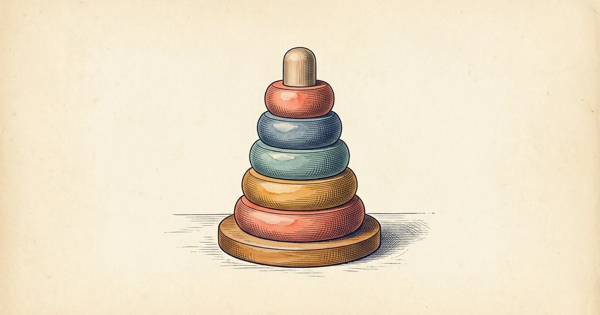 A wooden stacking-ring toy with five rings narrowing toward a rounded cap on a round base.