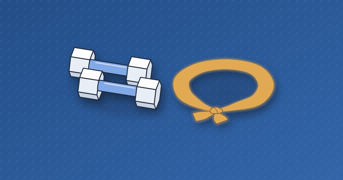A pair of small hexagonal hand dumbbells lying side by side next to an amber resistance band tied in a loose loop with a small knot.