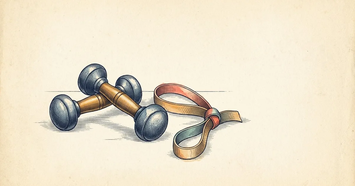 A pair of small hand dumbbells lying beside a resistance band tied in a loose loop.