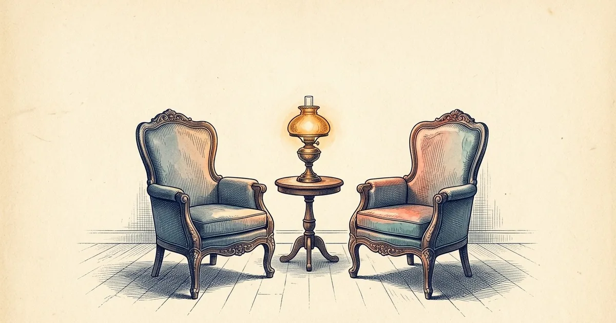 Two armchairs angled toward each other with a small round side table and a lamp between them.