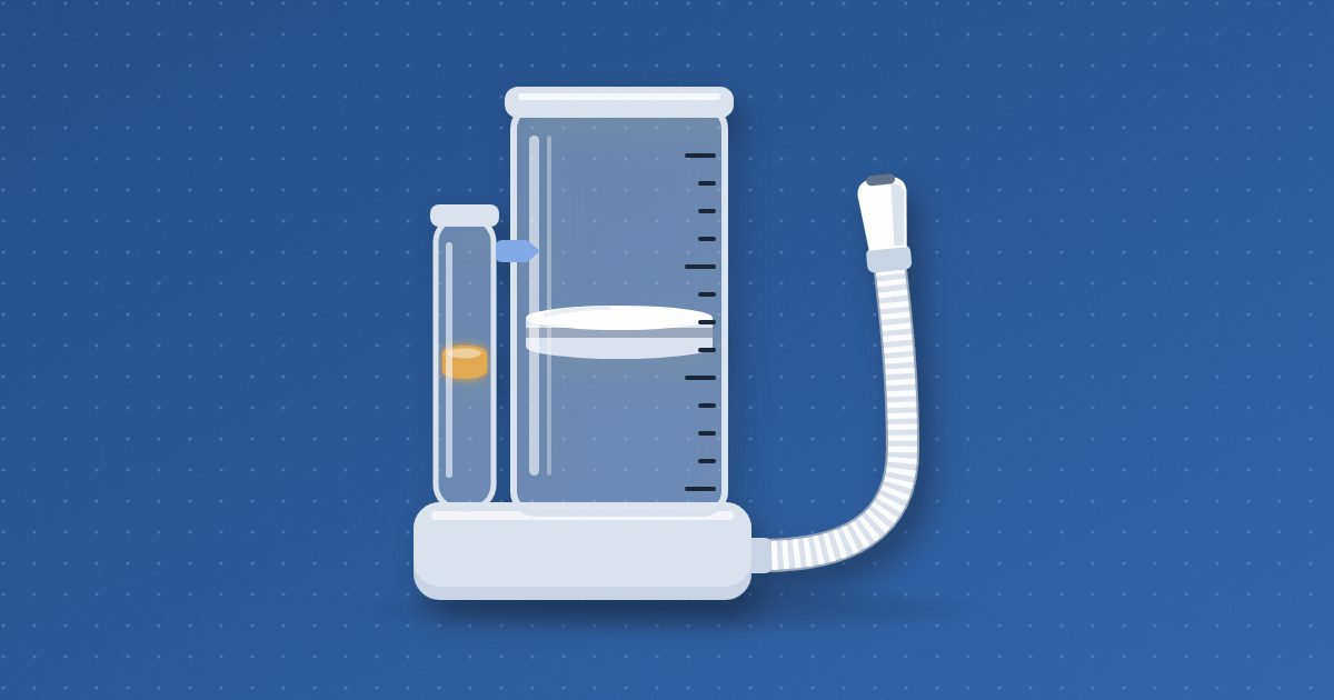 An incentive spirometer with a clear graduated chamber and piston, a slim side column holding an amber float, and a mouthpiece on a ribbed hose.