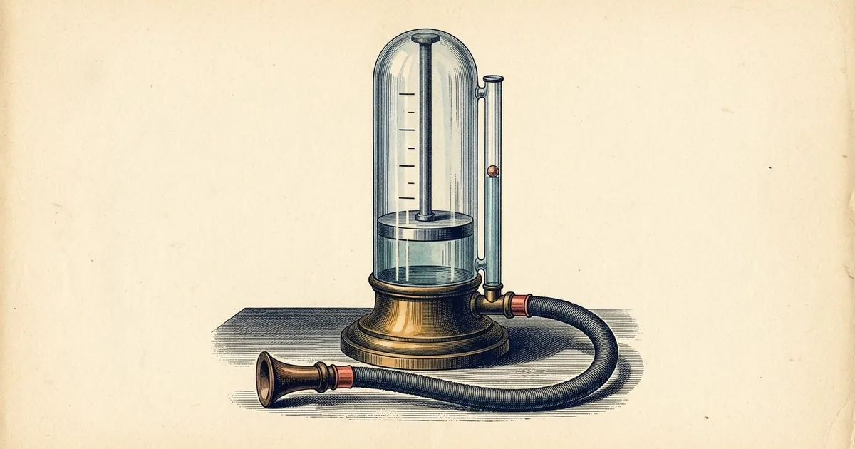 An incentive spirometer with a clear chamber and piston marked only with plain tick marks, a slim side column with a float, and a mouthpiece on a ribbed hose.