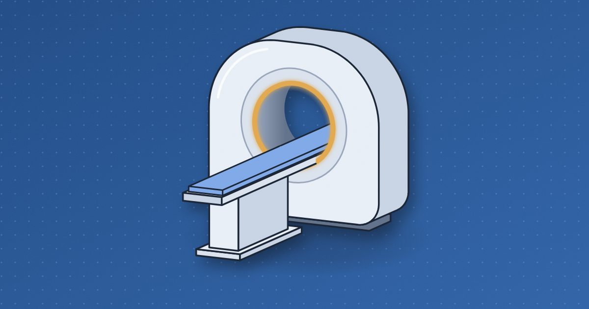 A CT scanner seen from the front at a slight angle, an empty patient table running through its ring gantry, the inner rim of the bore glowing amber.