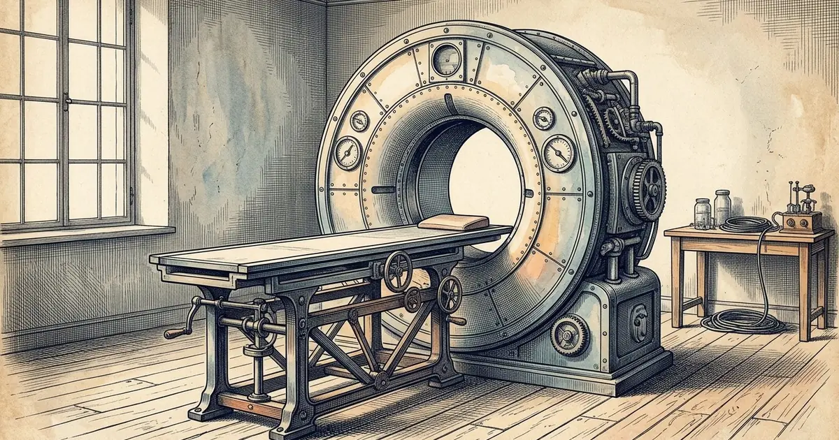 A CT scanner seen from the front at a slight angle, an empty patient table running through its ring.