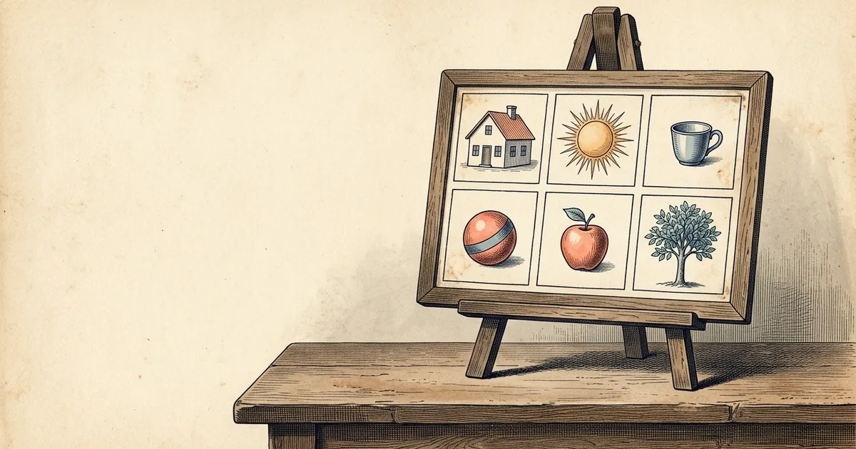 A communication board on a small easel, its grid of picture squares holding simple drawings of a house, a sun, a cup, a ball, an apple and a tree, with no words.