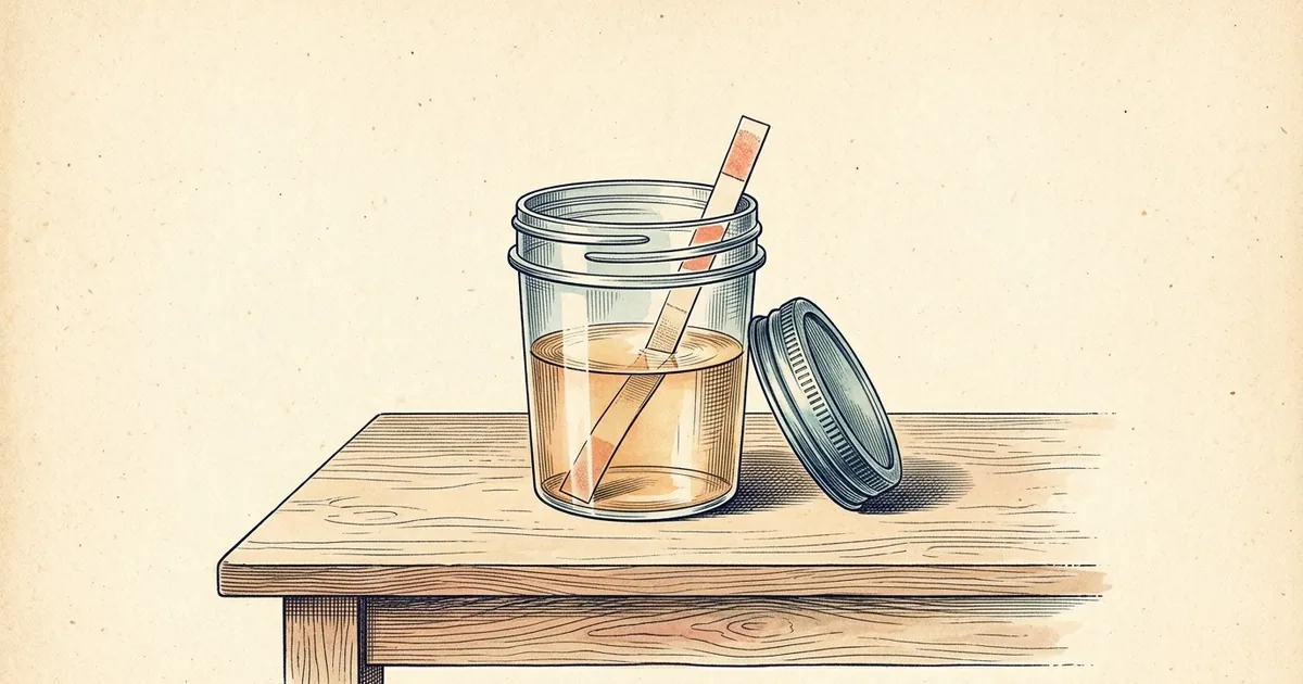 A clear specimen cup of pale liquid with a test strip leaning in it and its screw lid set beside it.